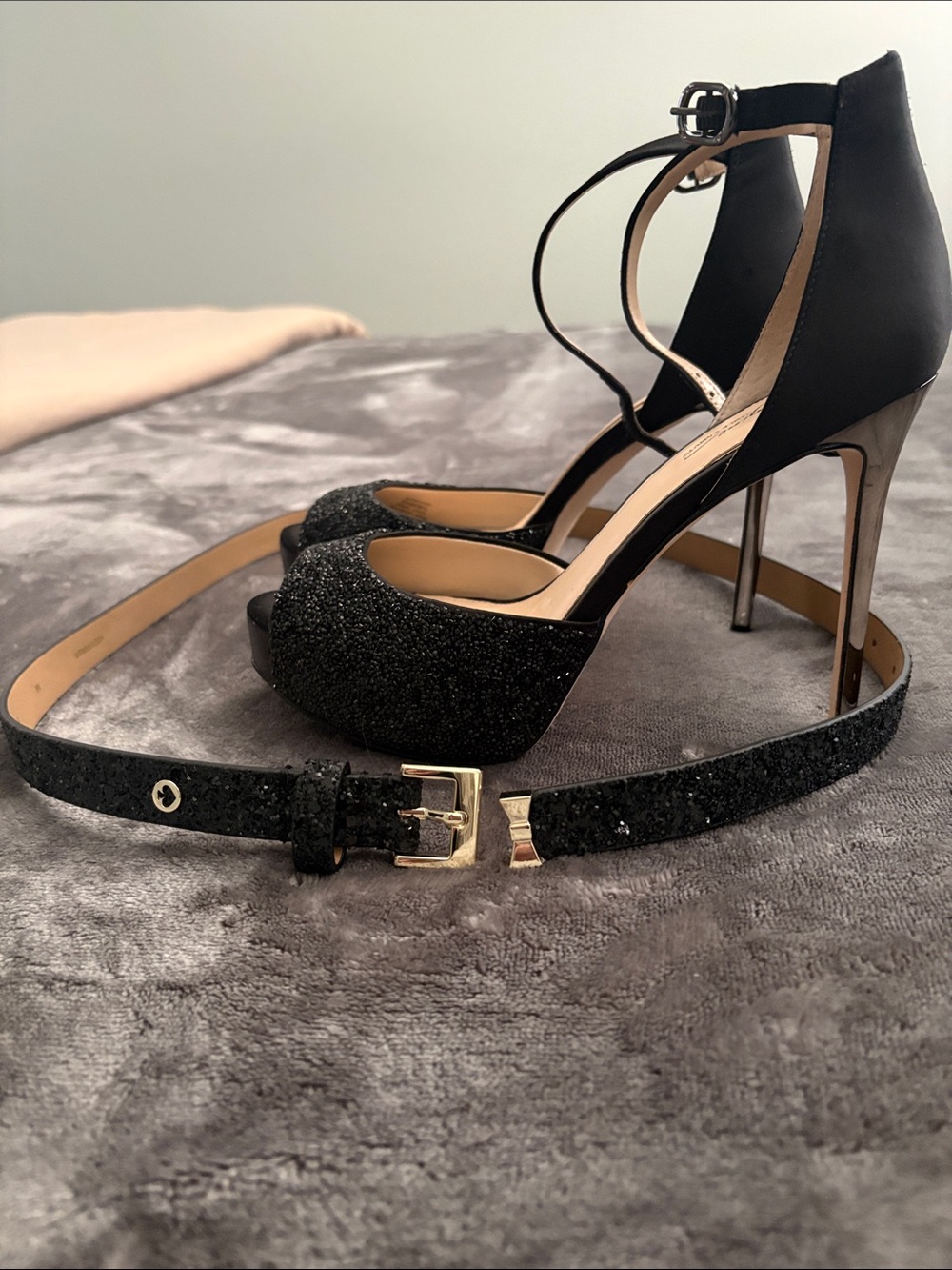 Vince Camuto Imagine Black Glitter Peep-Toe Ankle-Strap Stilettos+matching belt